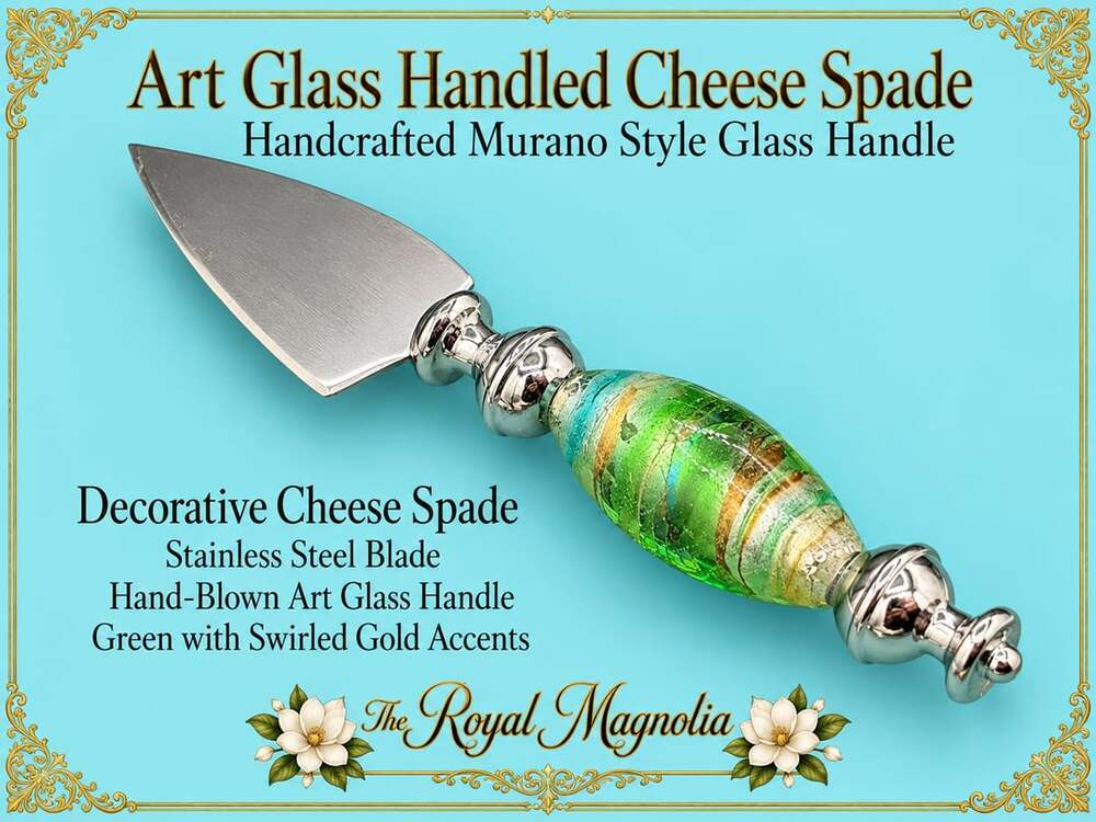 True Fabrications Murano Style Art Glass Cheese Spade Green Gold Stainless Steel